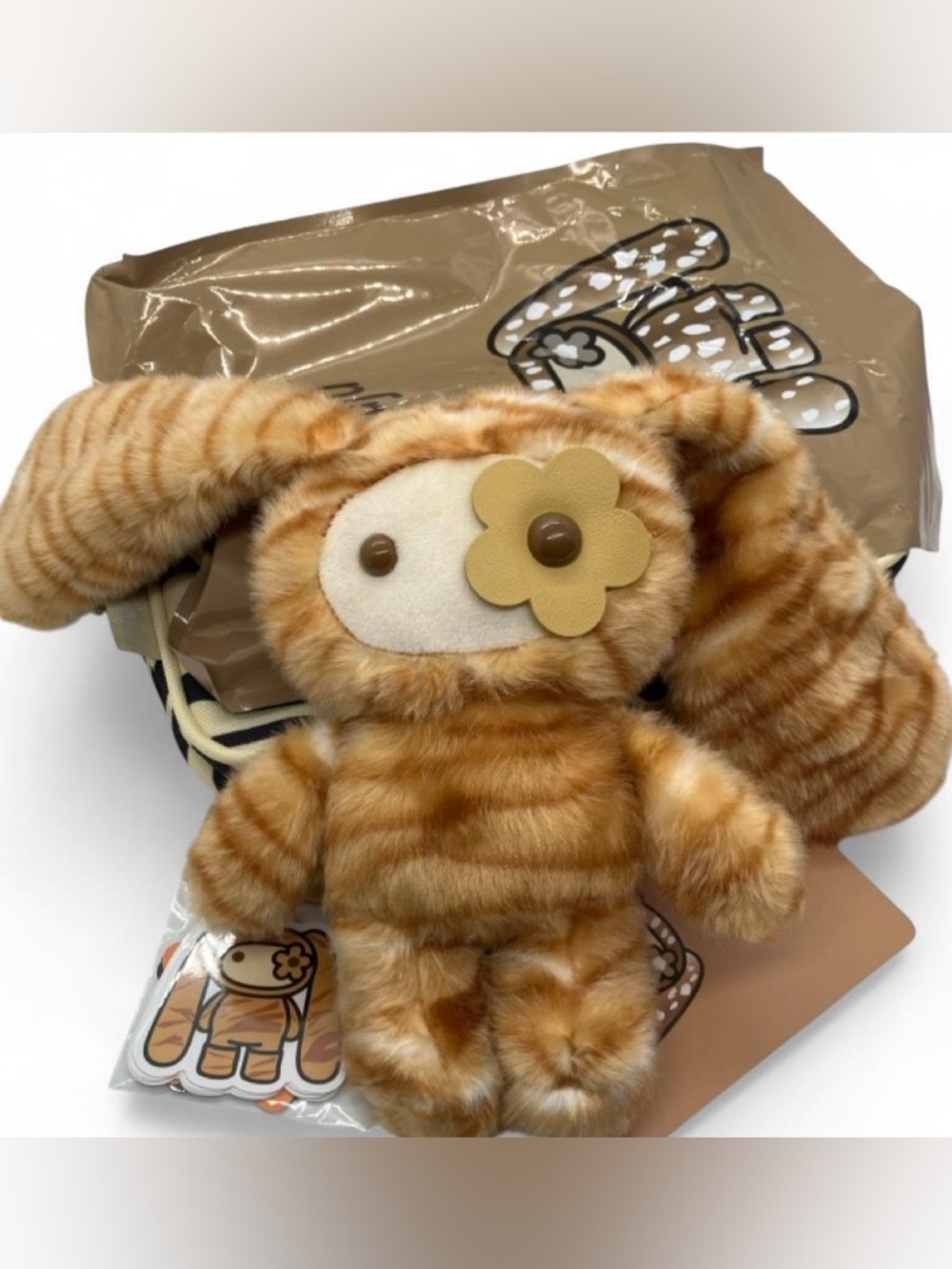 Plush Bunny Keychain - Tan Striped with Flower Accent